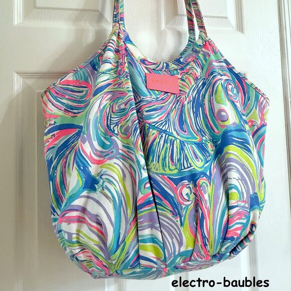 LILLY PULITZER XL Bohemian Beach Bag Pink Blue Guilty Pleasure Pattern NWT - Picture 5 of 16